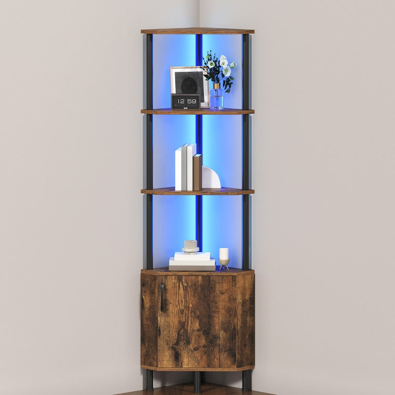 HOOBRO Corner Shelf with LED Light, Corner Cabinet with Storage and Doors, 5-Tier Industrial Narrow Bookshelf Display Rack, 59” Tall Standing Shelf, for Living Room, Kitchen