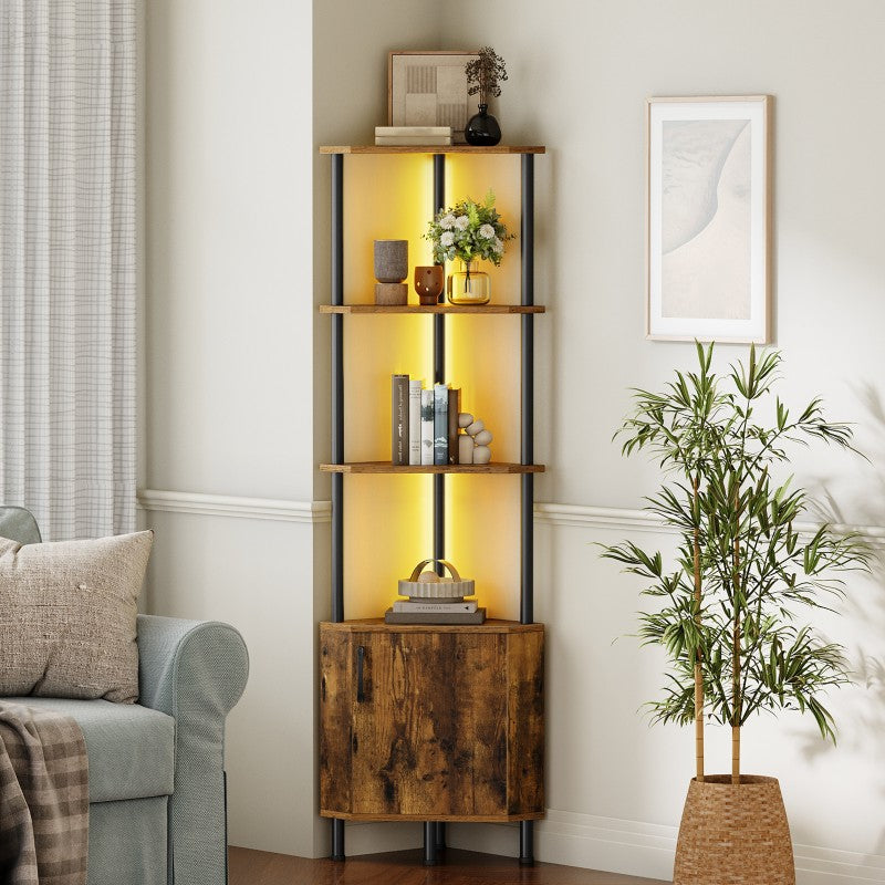 HOOBRO Corner Shelf with LED Light, Corner Cabinet with Storage and Doors, 5-Tier Industrial Narrow Bookshelf Display Rack, 59” Tall Standing Shelf, for Living Room, Kitchen