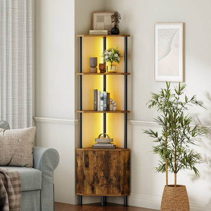 HOOBRO Corner Shelf with LED Light, Corner Cabinet with Storage and Doors, 5-Tier Industrial Narrow Bookshelf Display Rack, 59” Tall Standing Shelf, for Living Room, Kitchen