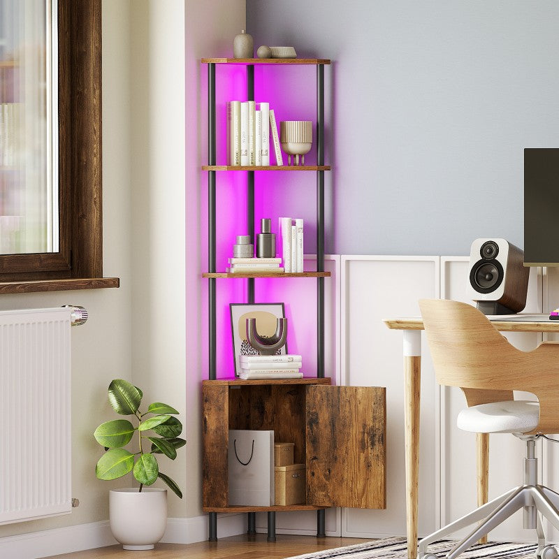 HOOBRO Corner Shelf with LED Light, Corner Cabinet with Storage and Doors, 5-Tier Industrial Narrow Bookshelf Display Rack, 59” Tall Standing Shelf, for Living Room, Kitchen