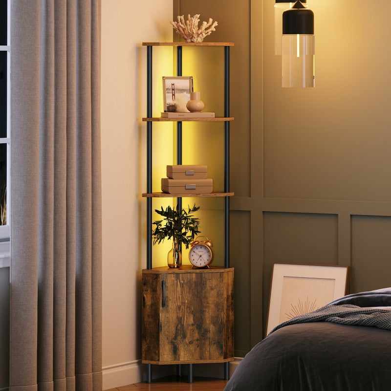HOOBRO Corner Shelf with LED Light, Corner Cabinet with Storage and Doors, 5-Tier Industrial Narrow Bookshelf Display Rack, 59” Tall Standing Shelf, for Living Room, Kitchen