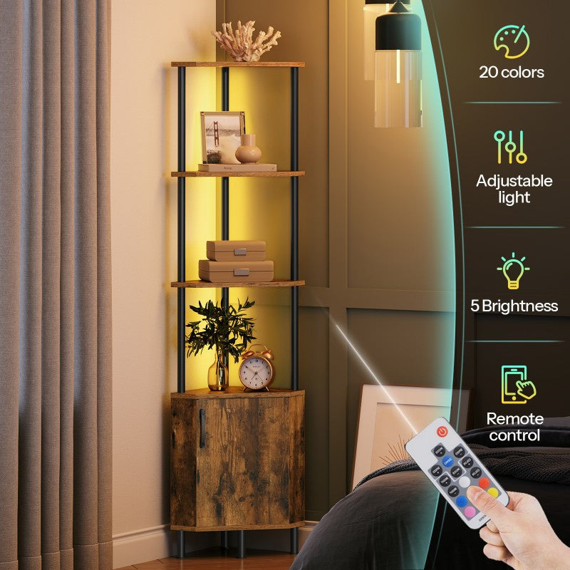 HOOBRO Corner Shelf with LED Light, Corner Cabinet with Storage and Doors, 5-Tier Industrial Narrow Bookshelf Display Rack, 59” Tall Standing Shelf, for Living Room, Kitchen