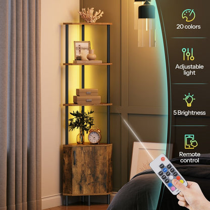 HOOBRO Corner Shelf with LED Light, Corner Cabinet with Storage and Doors, 5-Tier Industrial Narrow Bookshelf Display Rack, 59” Tall Standing Shelf, for Living Room, Kitchen
