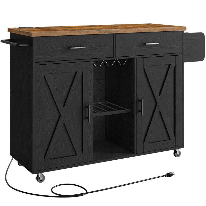 HOOBRO Kitchen Island with Storage, Rolling Kitchen Island Cart on Wheels, Kitchen Island Table with Charging Station, 2 Drawers, Storage Cabinet and Towel Rack