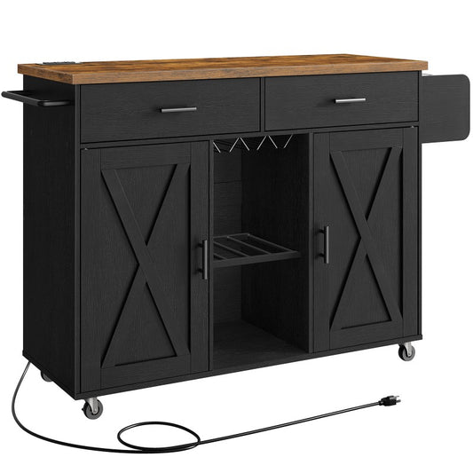 HOOBRO Kitchen Island with Storage, Rolling Kitchen Island Cart on Wheels, Kitchen Island Table with Charging Station, 2 Drawers, Storage Cabinet and Towel Rack