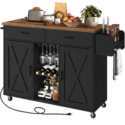 HOOBRO Kitchen Island with Storage, Rolling Kitchen Island Cart on Wheels, Kitchen Island Table with Charging Station, 2 Drawers, Storage Cabinet and Towel Rack