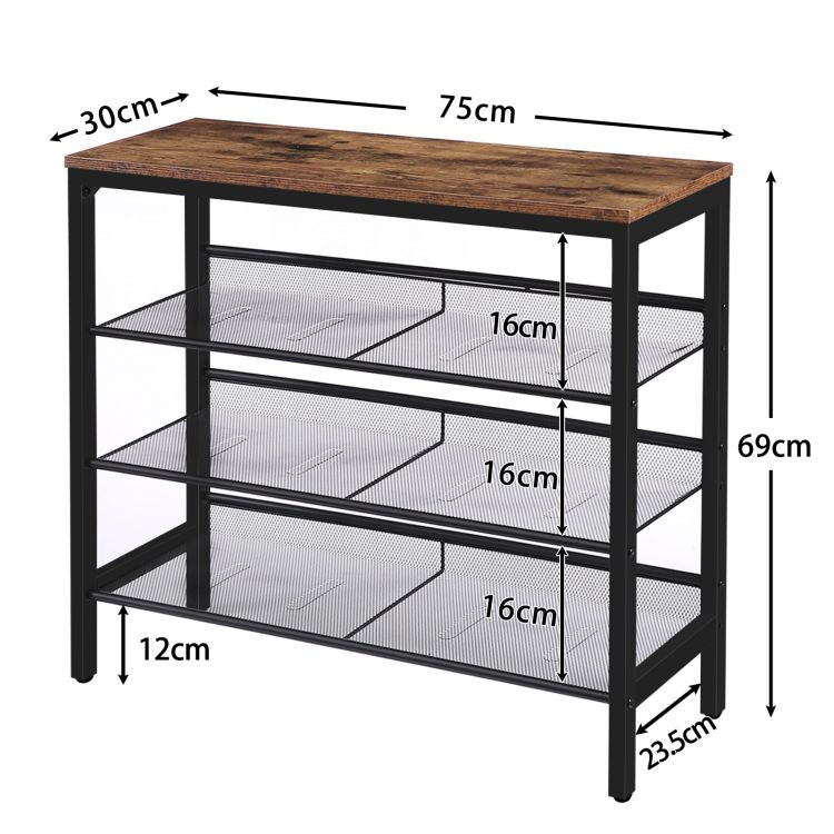 HOOBRO Industrial Shoe Rack, Shoe Shelf, Storage Organizer Unit with Mesh Shelves, Wood Look Accent Furniture with Metal Frame