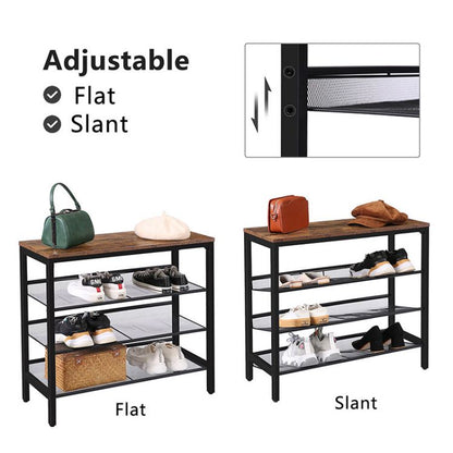 HOOBRO Industrial Shoe Rack, Shoe Shelf, Storage Organizer Unit with Mesh Shelves, Wood Look Accent Furniture with Metal Frame