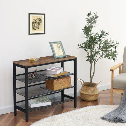 HOOBRO Industrial Shoe Rack, Shoe Shelf, Storage Organizer Unit with Mesh Shelves, Wood Look Accent Furniture with Metal Frame