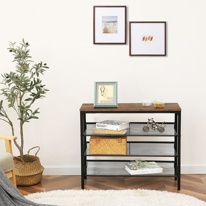 HOOBRO Industrial Shoe Rack, Shoe Shelf, Storage Organizer Unit with Mesh Shelves, Wood Look Accent Furniture with Metal Frame