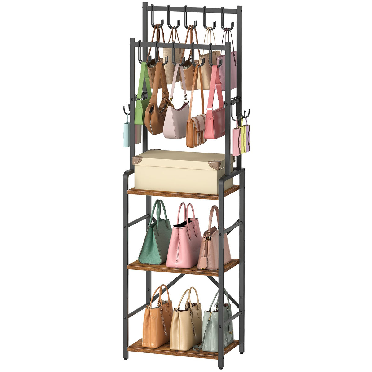 HOOBRO Tall Freestanding Bag and Coat Rack Stand with Adjustable Shelf