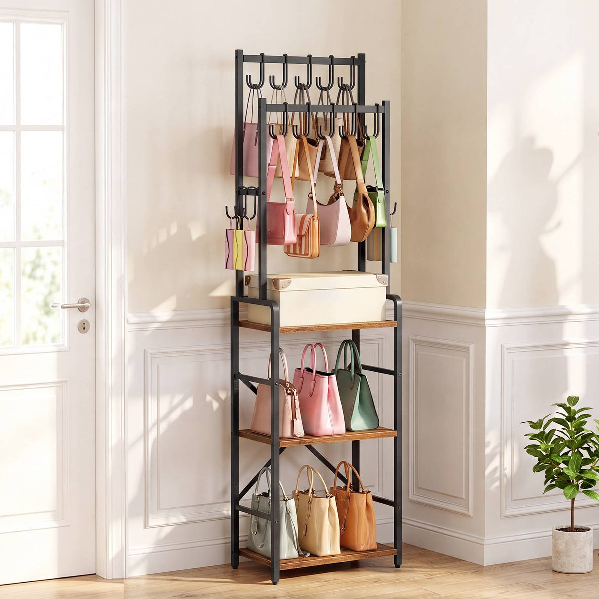 HOOBRO Tall Freestanding Bag and Coat Rack Stand with Adjustable Shelf