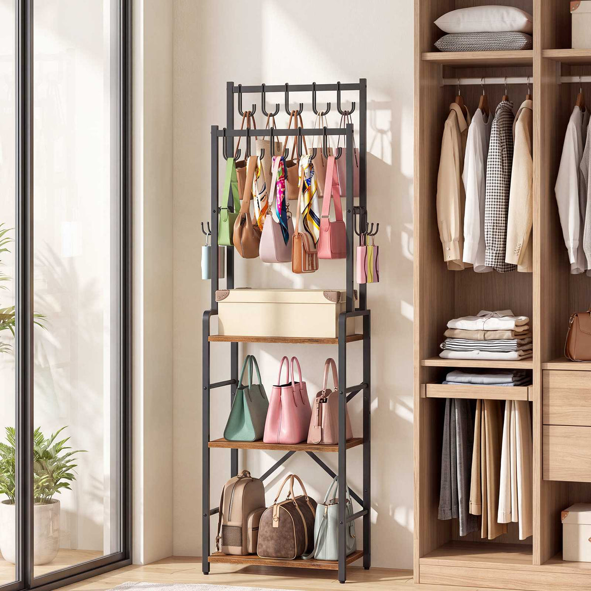 HOOBRO Tall Freestanding Bag and Coat Rack Stand with Adjustable Shelf