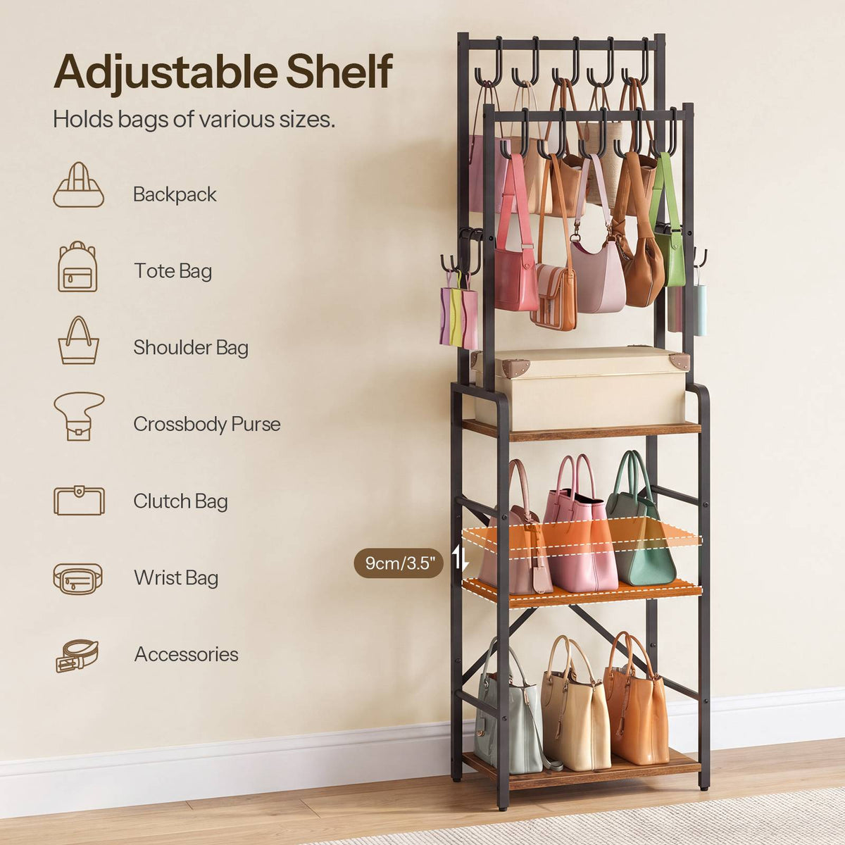 HOOBRO Tall Freestanding Bag and Coat Rack Stand with Adjustable Shelf