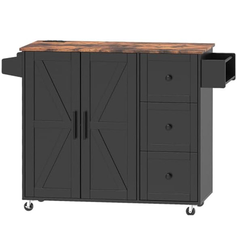 HOOBRO Kitchen Island with Power Outlet, Kitchen Island on Wheels, Rolling Kitchen Island Cart with 3 Drawers, Storage Cabinet and Adjustable Shelf, for Home and Kitchen