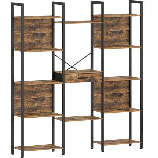 HOOBRO Triple Wide 5-Tier Bookshelf, Industrial Large Bookcase with Drawer, Etagere Bookshelf, Modern Bookshelves with Metal Frame for Living Room, Home Office