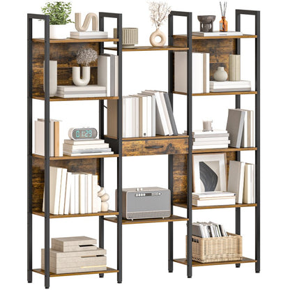 HOOBRO Triple Wide 5-Tier Bookshelf, Industrial Large Bookcase with Drawer, Etagere Bookshelf, Modern Bookshelves with Metal Frame for Living Room, Home Office