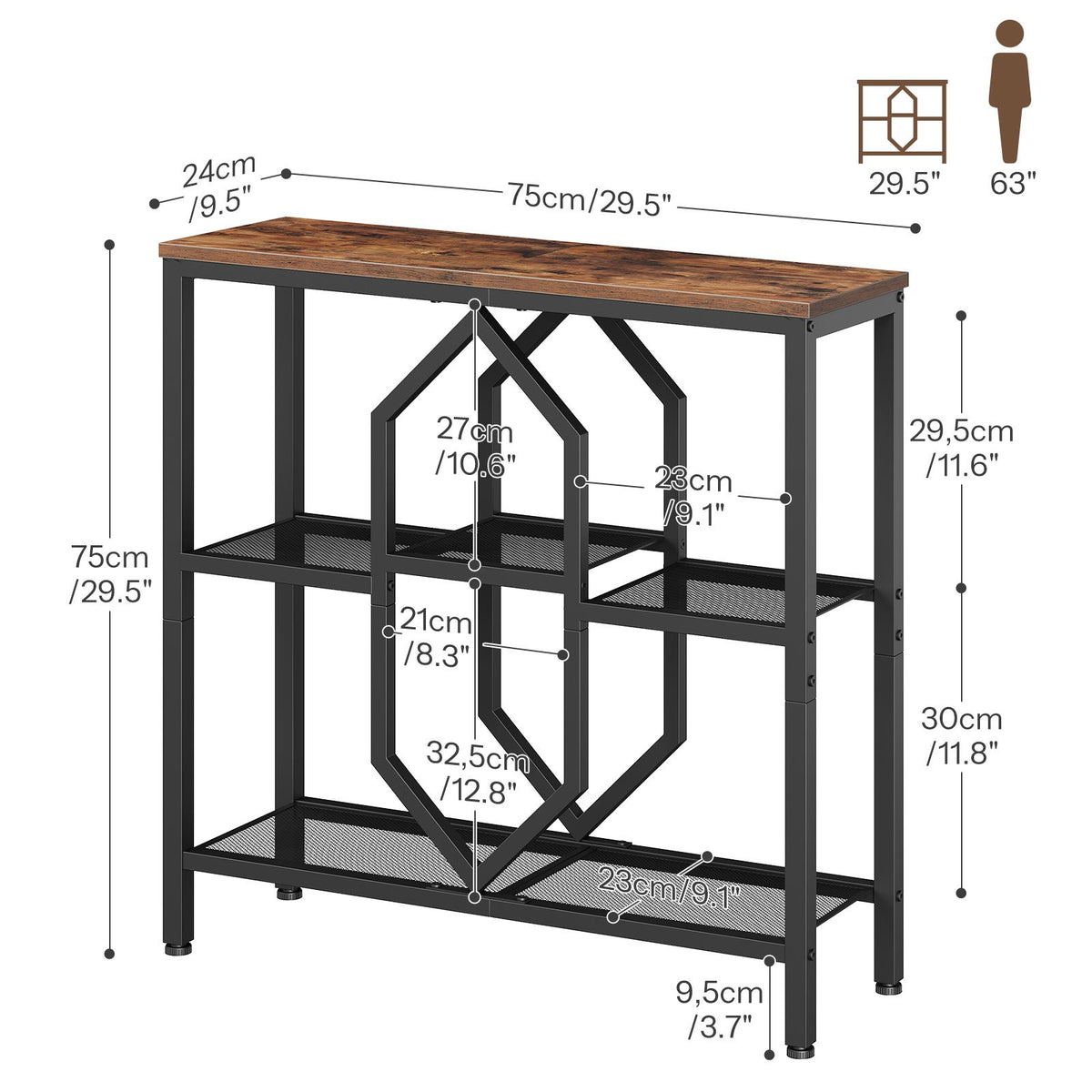 HOOBRO Industrial Console Table with Geometric Shelves, Slim Sofa Entryway Table