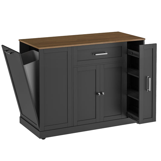 HOOBRO Rolling Kitchen Island with Trash Can Storage & Power Outlet, Kitchen Island Cart with Spice Rack & Drawer, Mobile Island Table for Kitchen