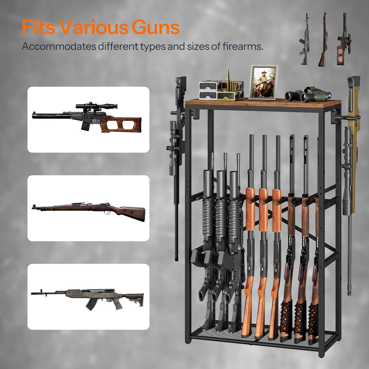 HOOBRO Heavy Duty Metal Rifle Rack with Wood Top Board, Free Standing Gun Storage
