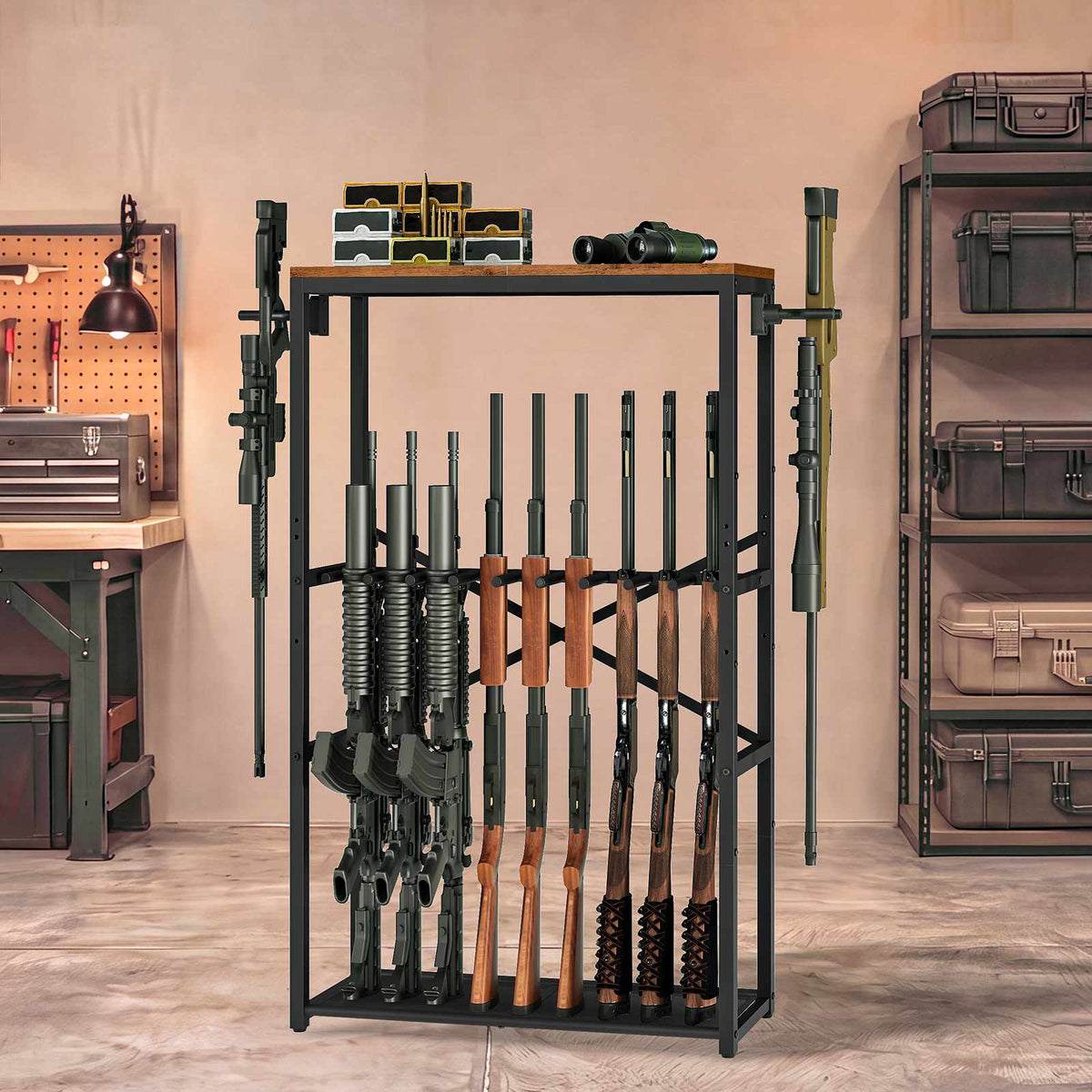 HOOBRO Heavy Duty Metal Rifle Rack with Wood Top Board, Free Standing Gun Storage