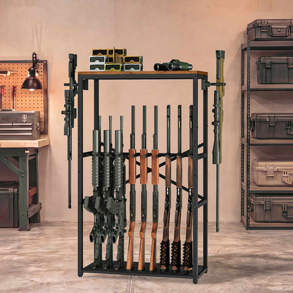 HOOBRO Heavy Duty Metal Rifle Rack with Wood Top Board, Free Standing Gun Storage