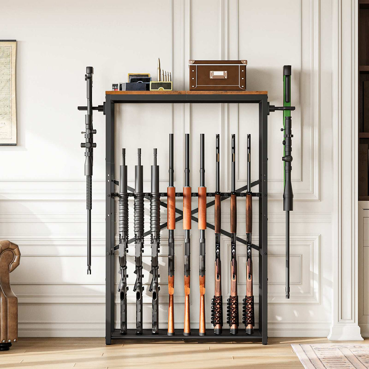 HOOBRO Heavy Duty Metal Rifle Rack with Wood Top Board, Free Standing Gun Storage