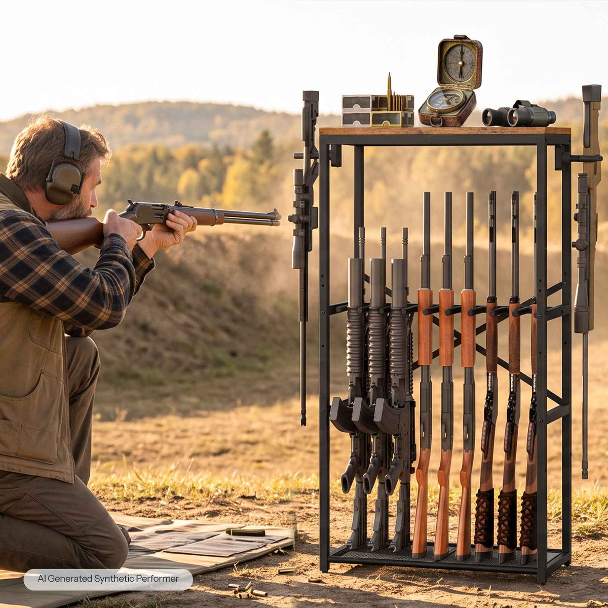 HOOBRO Heavy Duty Metal Rifle Rack with Wood Top Board, Free Standing Gun Storage