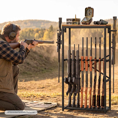HOOBRO Heavy Duty Metal Rifle Rack with Wood Top Board, Free Standing Gun Storage