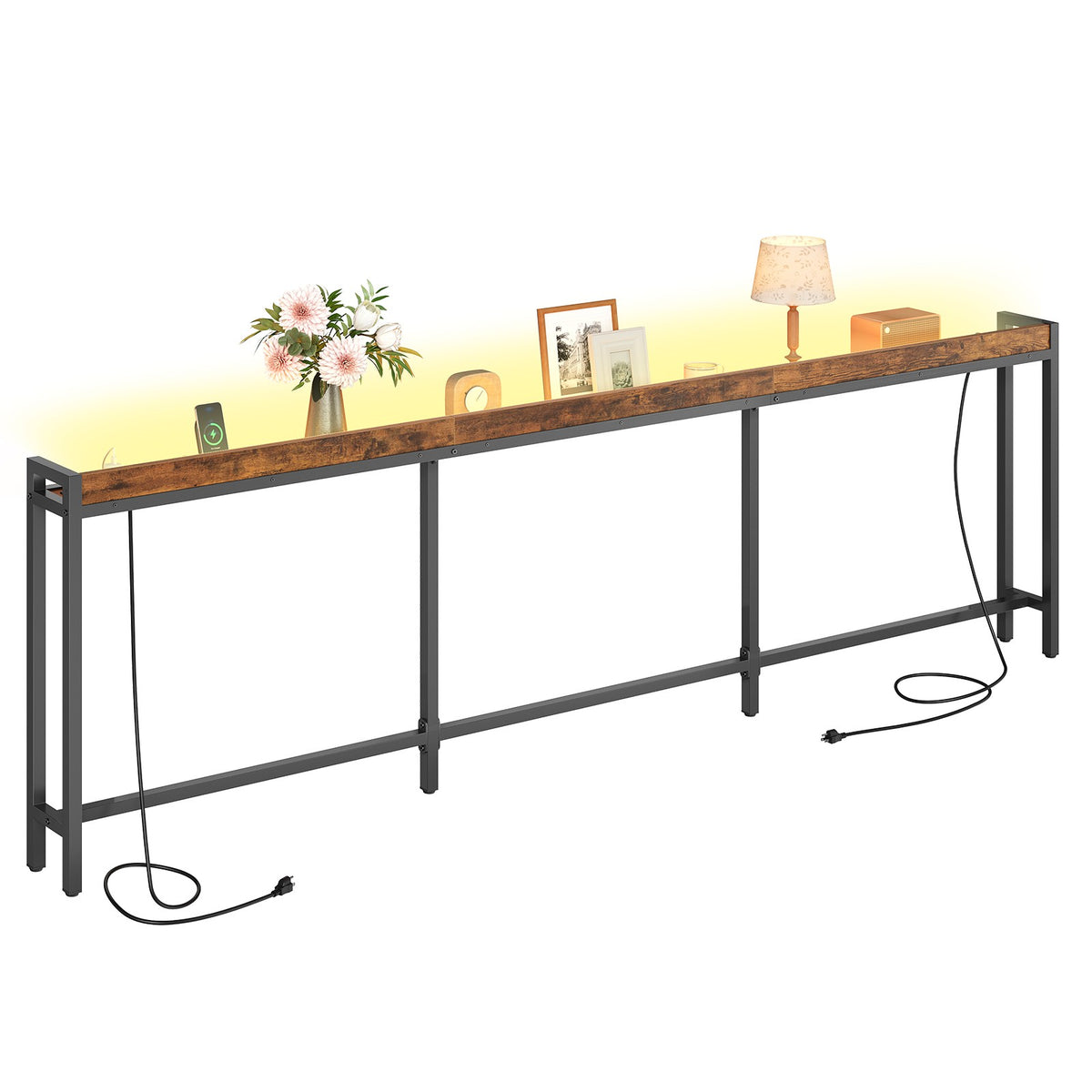 HOOBRO Extra Long Slim Console Table with LED Lights and Charging Outlets