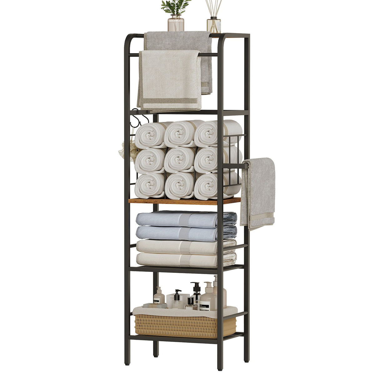 HOOBRO Bathroom Tall Towel Rack Storage Shelf with Towel Bar and Wire Basket