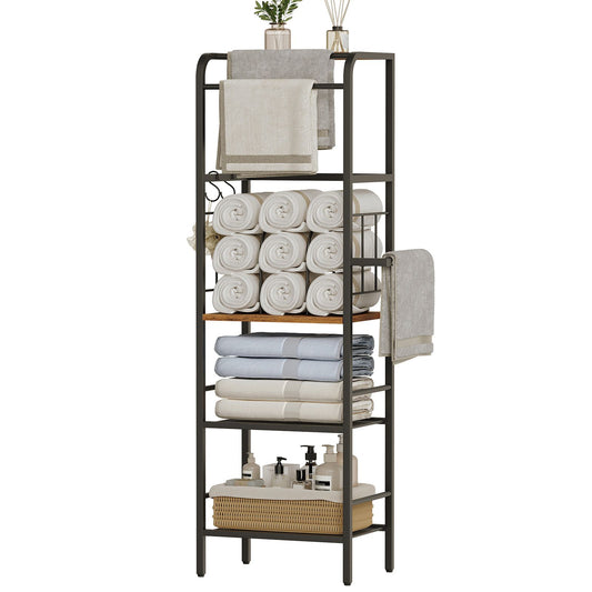 HOOBRO Bathroom Tall Towel Rack Storage Shelf with Towel Bar and Wire Basket
