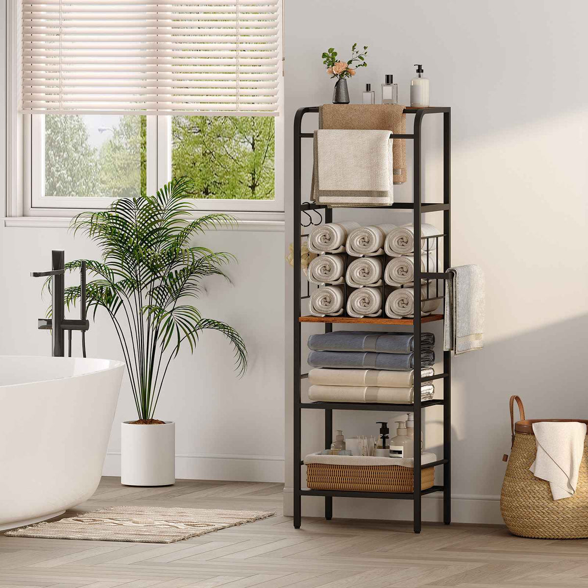HOOBRO Bathroom Tall Towel Rack Storage Shelf with Towel Bar and Wire Basket