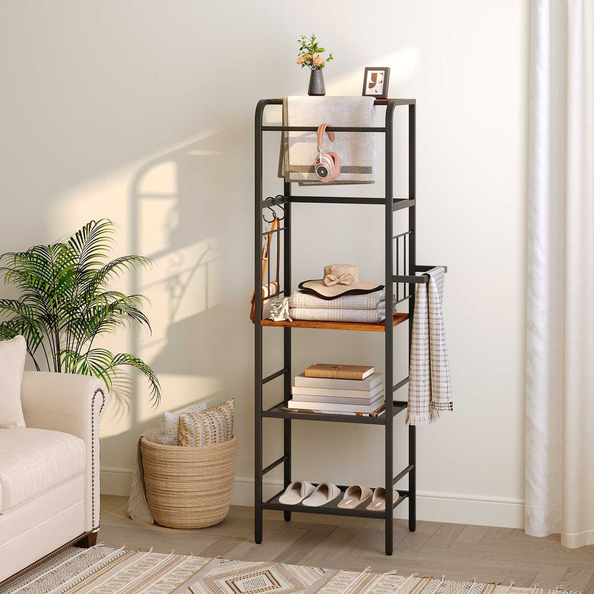 HOOBRO Bathroom Tall Towel Rack Storage Shelf with Towel Bar and Wire Basket