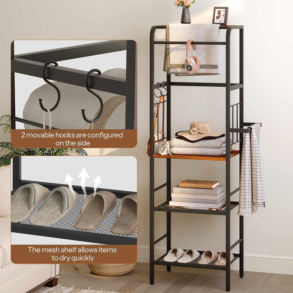 HOOBRO Bathroom Tall Towel Rack Storage Shelf with Towel Bar and Wire Basket