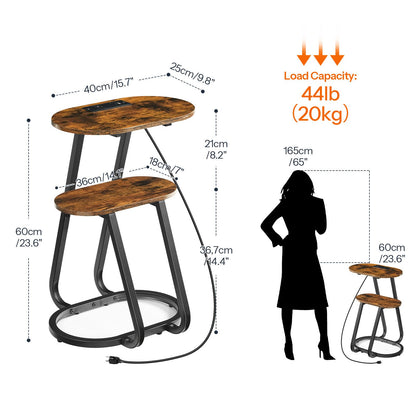 HOOBRO Industrial C-Shaped Side Table with Charging Station & 2-Tier Storage