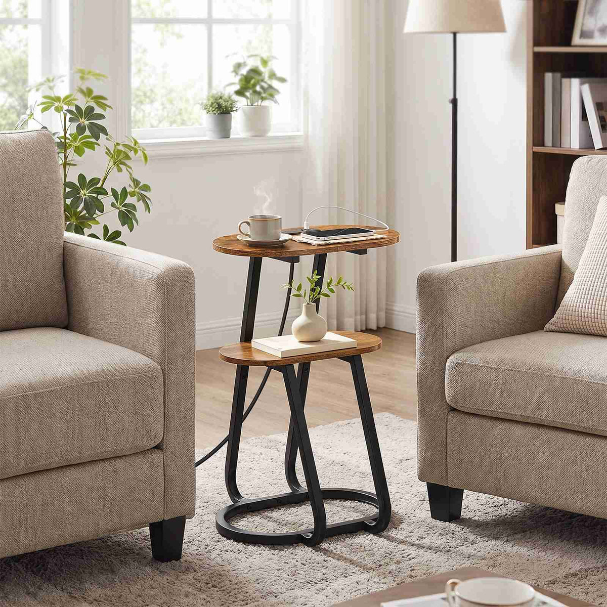 HOOBRO Industrial C-Shaped Side Table with Charging Station & 2-Tier Storage
