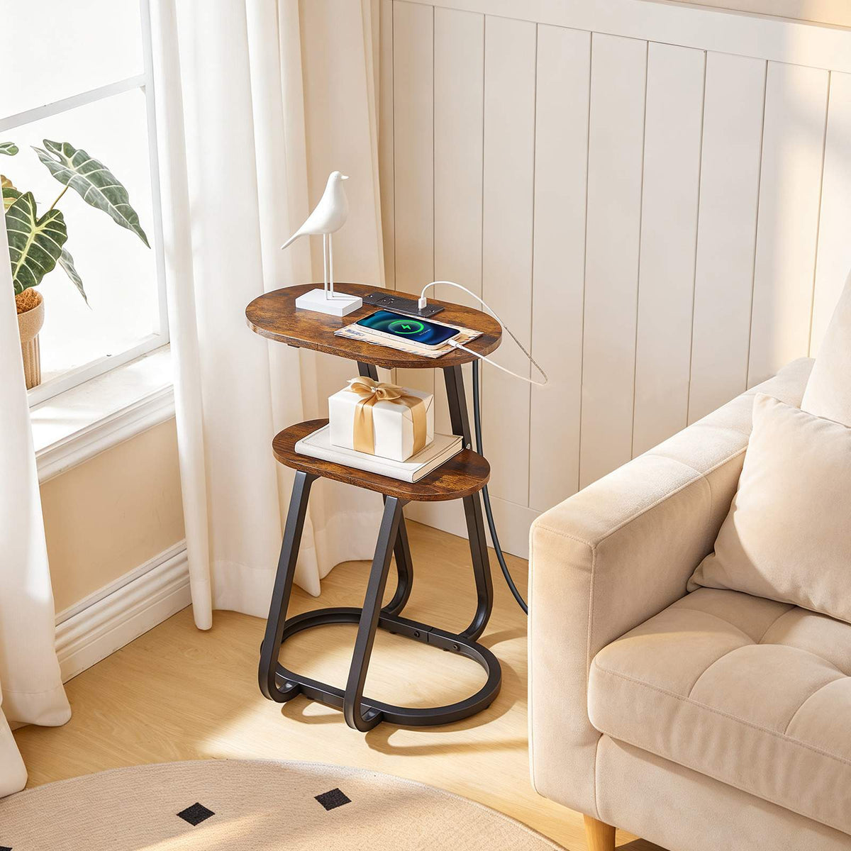 HOOBRO Industrial C-Shaped Side Table with Charging Station & 2-Tier Storage