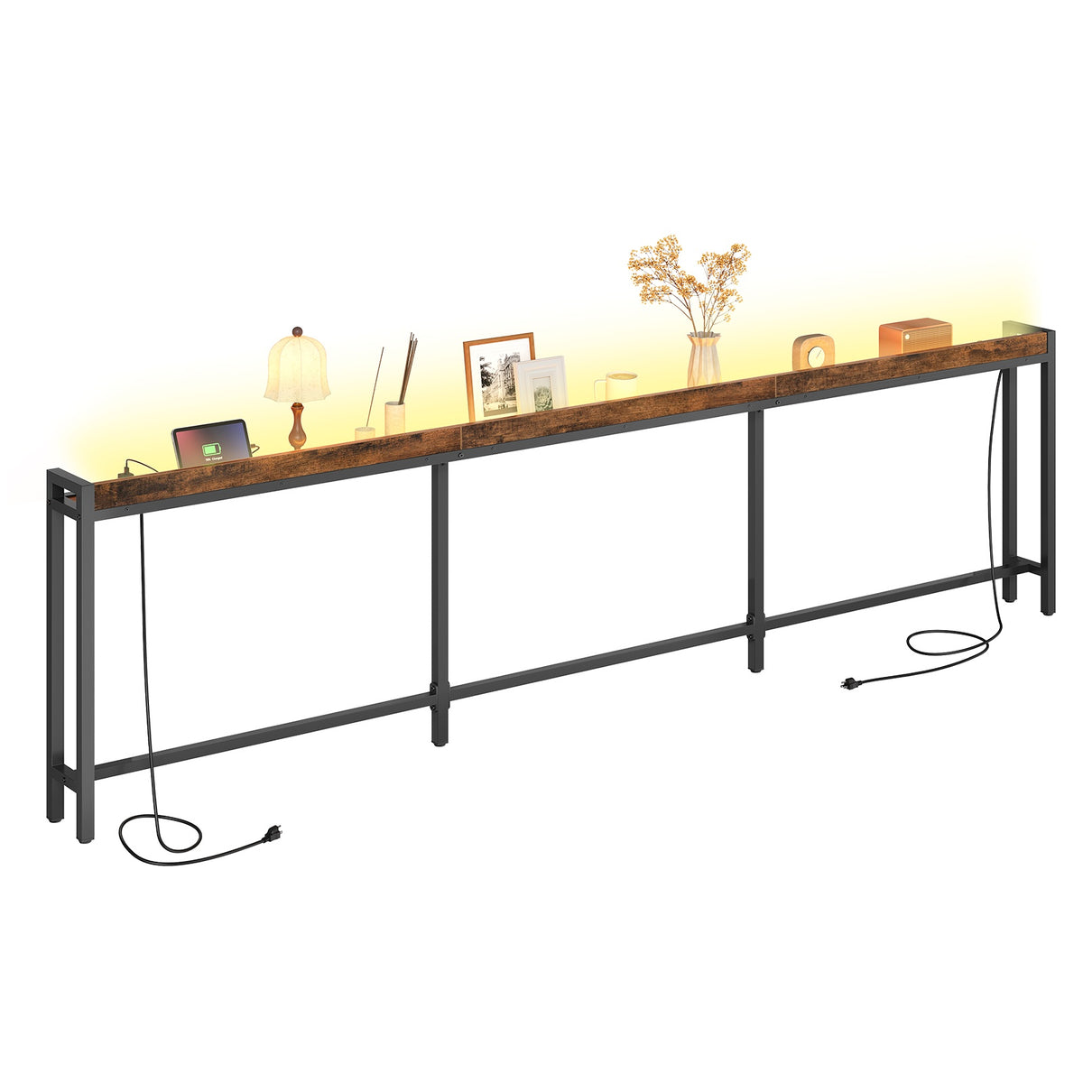 HOOBRO Extra Long Slim Console Table with LED Lights and Power Outlets