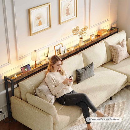HOOBRO Extra Long Slim Console Table with LED Lights and Power Outlets