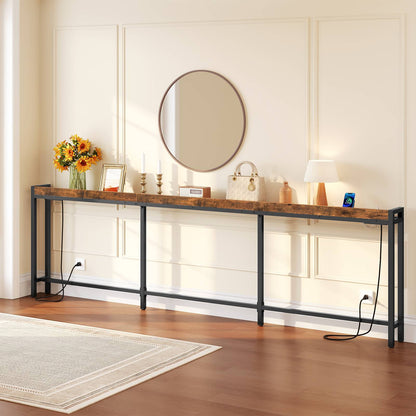 HOOBRO Extra Long Slim Console Table with LED Lights and Power Outlets