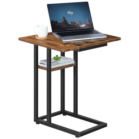 HOOBRO Brown C-Type Folding Side Table with Storage Rack