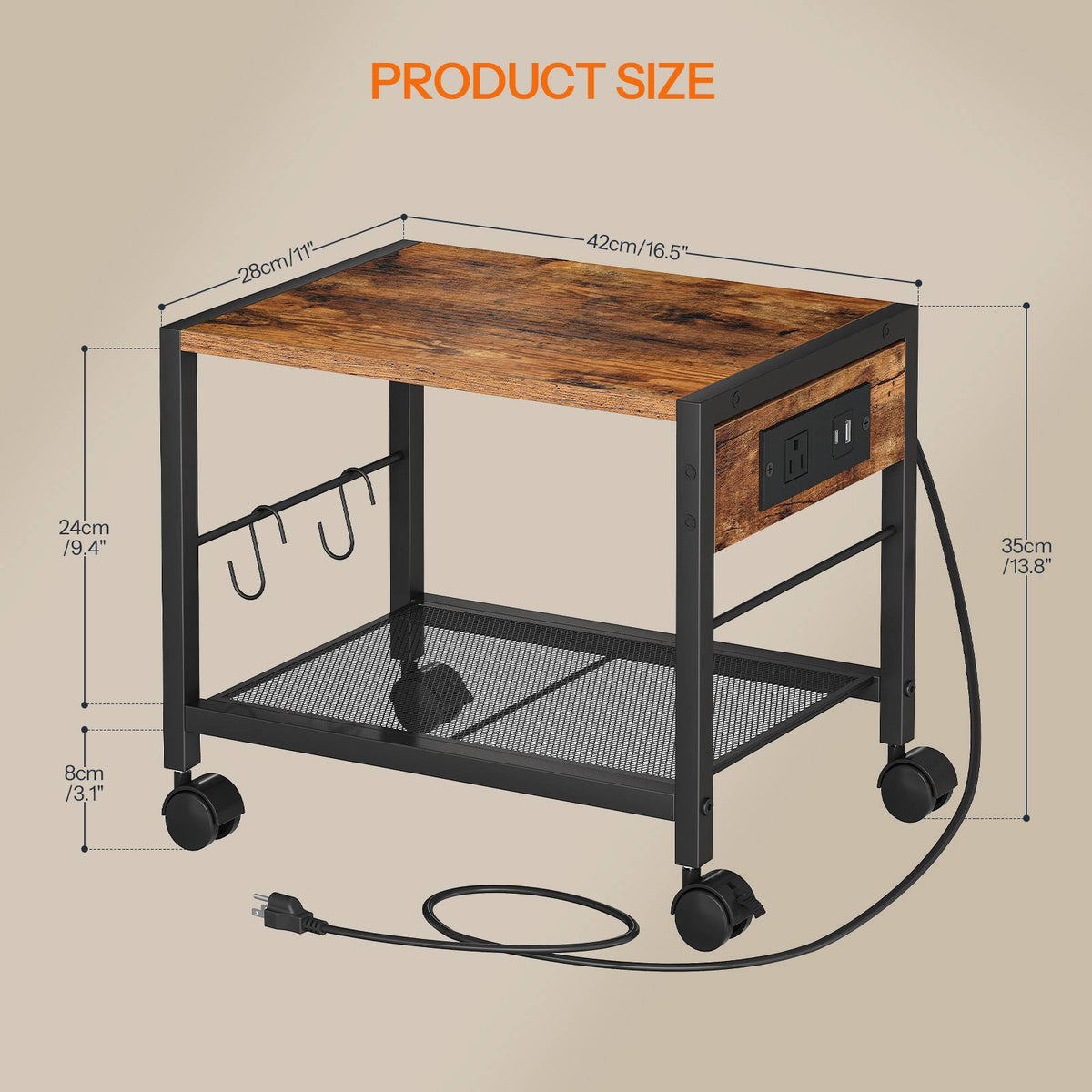 HOOBRO Mobile Printer Stand with Charging Station, 2-Tier Under Desk Storage Cart