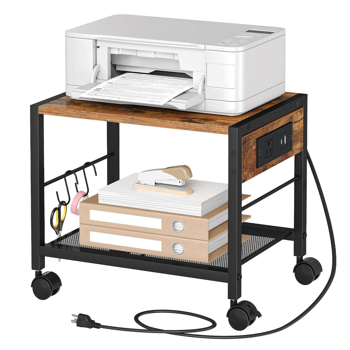 HOOBRO Mobile Printer Stand with Charging Station, 2-Tier Under Desk Storage Cart