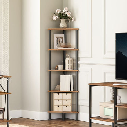 HOOBRO Corner Shelf, Industrial 5-Tier Wall Corner Bookshelf with Metal Frame, Corner Shelf Stand Display Plant Flower, Corner Bookcase for Small Spaces, Bedroom, Living Room