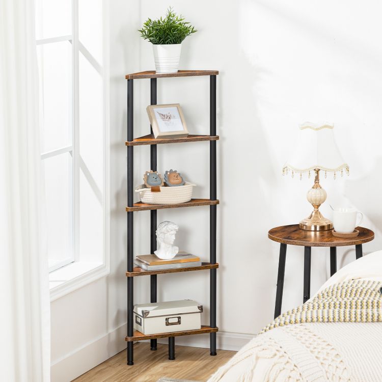 HOOBRO Corner Shelf, Industrial 5-Tier Wall Corner Bookshelf with Metal Frame, Corner Shelf Stand Display Plant Flower, Corner Bookcase for Small Spaces, Bedroom, Living Room