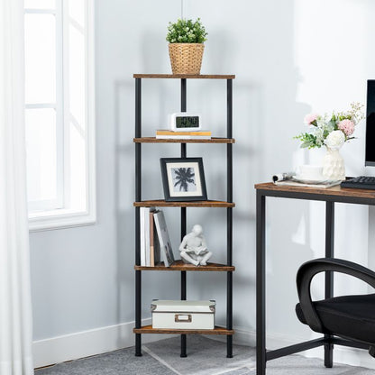 HOOBRO Corner Shelf, Industrial 5-Tier Wall Corner Bookshelf with Metal Frame, Corner Shelf Stand Display Plant Flower, Corner Bookcase for Small Spaces, Bedroom, Living Room