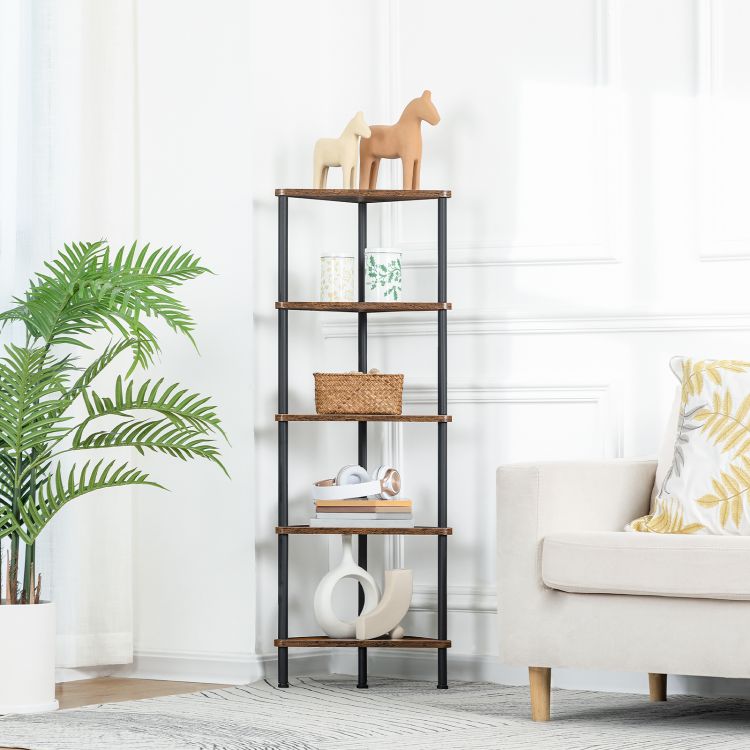 HOOBRO Corner Shelf, Industrial 5-Tier Wall Corner Bookshelf with Metal Frame, Corner Shelf Stand Display Plant Flower, Corner Bookcase for Small Spaces, Bedroom, Living Room