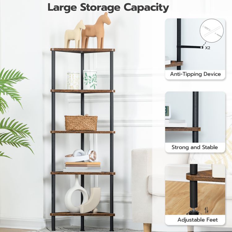 HOOBRO Corner Shelf, Industrial 5-Tier Wall Corner Bookshelf with Metal Frame, Corner Shelf Stand Display Plant Flower, Corner Bookcase for Small Spaces, Bedroom, Living Room