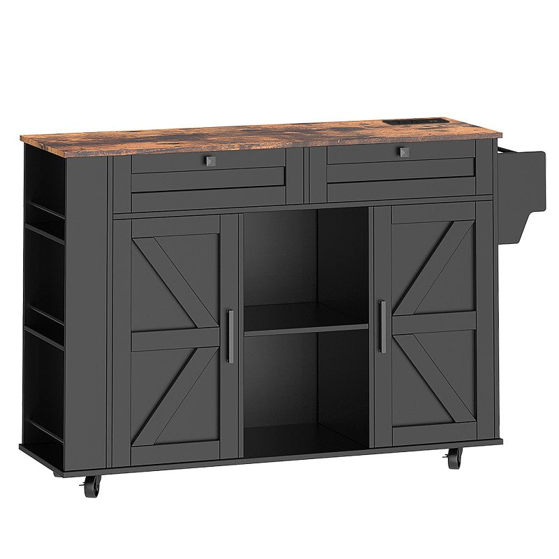 HOOBRO Rolling Kitchen Island with Drop Leaf Bar Countertop & Power Outlet, Farmhouse Kitchen Cart with Storage, 47" Kitchen Island Cart with Side Spice Rack & 2 Drawers
